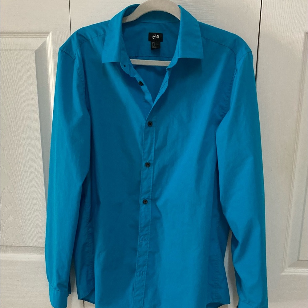 H&M Men's Turquoise Easy Iron Shirt